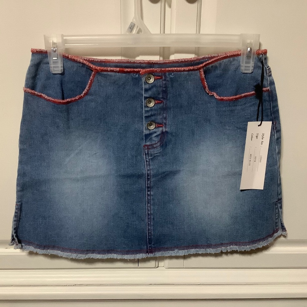 NWT Revolt ladies denim distressed denim mini skirt, frayed hem, 4 pockets